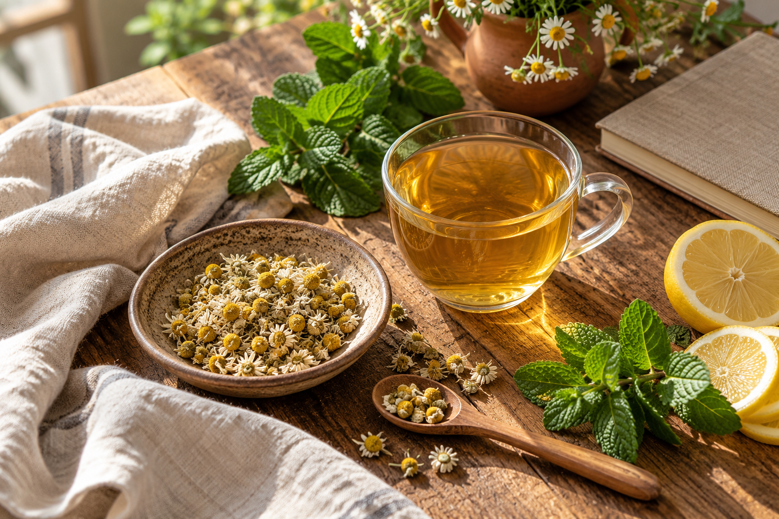 Herbal tea, mint, chamomile, and lemon arranged on a sunlit wooden table