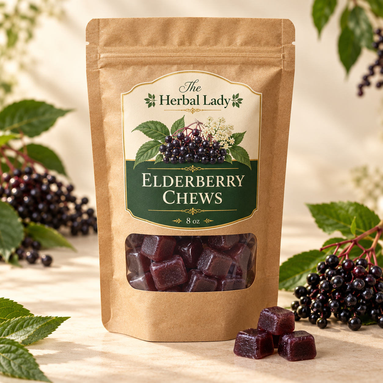 Product mockup of The Herbal Lady Elderberry Chews in an 8 oz kraft pouch with a clear window showing dark purple chews.