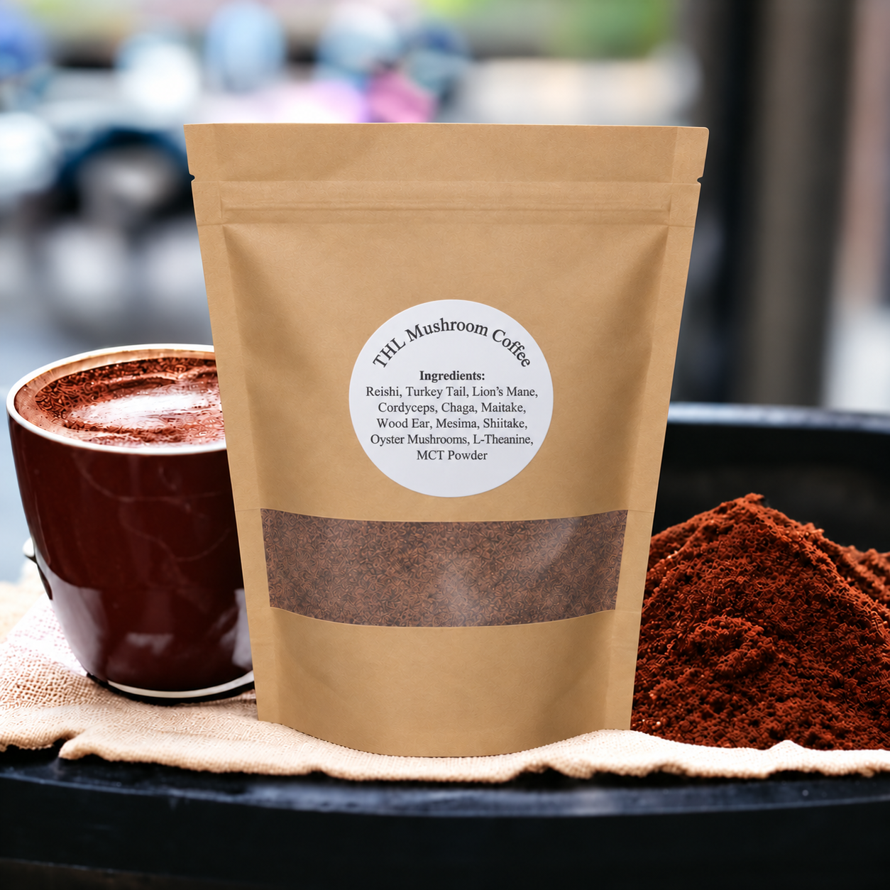 The Herbal Lady Mushroom Coffee in a smooth kraft pouch beside a coffee cup and a mound of powder.